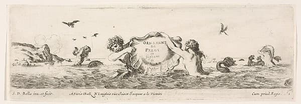 Frieze with a Triton and Mermaid holding up a Shell, title page from "Decorative friezes and foliage" (Ornamenti di fregi e fogliami), by Stefano della Bella