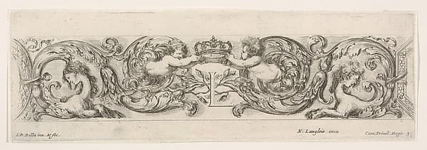 Design for a Frieze with Two Putti holding a crown over the letter 'L' (for Louis XIV?), plate 3 from "Decorative friezes and foliage" (Ornamenti di fregi e fogliami), by Stefano della Bella