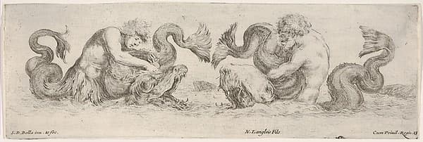 Two Tritons wrestling with other Sea Creatures, plate 13 from "Decorative friezes and foliage" (Ornamenti di fregi e fogliami), by Stefano della Bella