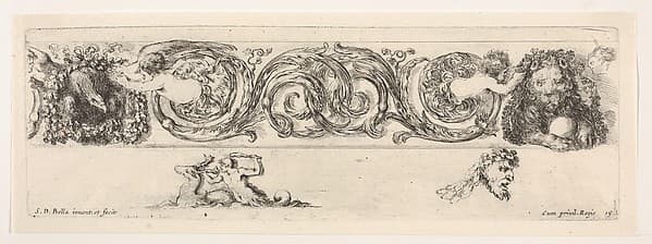Design for a Frieze with Acanthus Scrolls and Two Small Figural Motifs Below, plate 15 from "Decorative friezes and foliage" (Ornamenti di fregi e fogliami), by Stefano della Bella