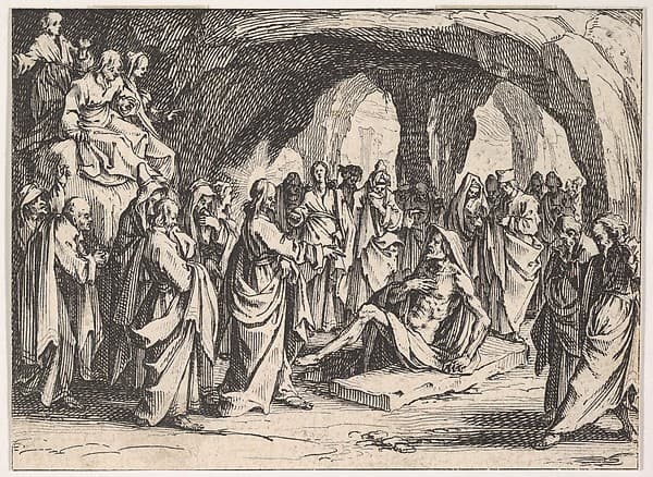 The Resurrection of Lazarus (La Resurrection de Lazare), set in a cave, from "The New Testament" (Le Nouveau Testament), by Jacques Callot