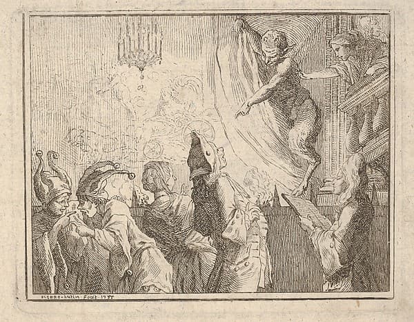 Satyr standing on a stage and pointing downward toward an audience, two jesters gesticulate at lower left, by Pierre Hutin