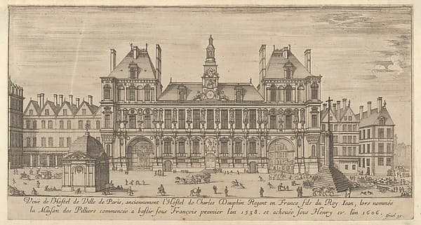 View of the façade of the Hôtel de Ville, Paris, in the foreground a cross on a stepped platform and a freestanding domed building, by Israel Silvestre