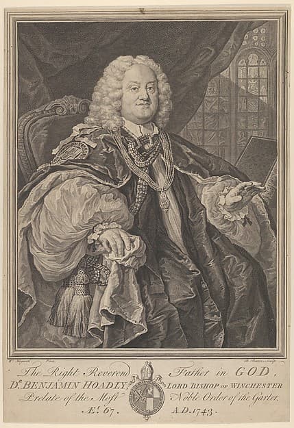The Right Reverend Father in God, Dr. Benjamin Hoadly, Lord Bishop of Winchester, Prelate of the Most Noble Order of the Garter, Aet. 67. A.D. 1743, by Bernard Baron