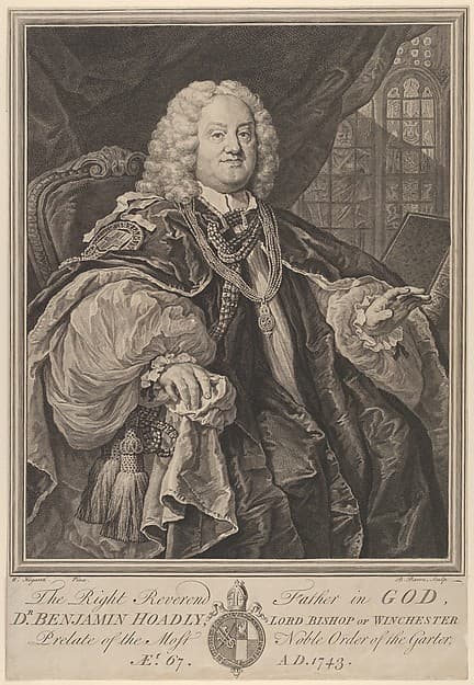 The Right Reverend Father in God, Dr. Benjamin Hoadly, Lord Bishop of Winchester, Prelate of the Most Noble Order of the Garter, Aet. 67. A.D. 1743, by Bernard Baron