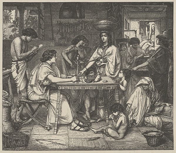 Joseph Distributes Corn, from "Dalziels' Bible Gallery", by Sir Edward John Poynter