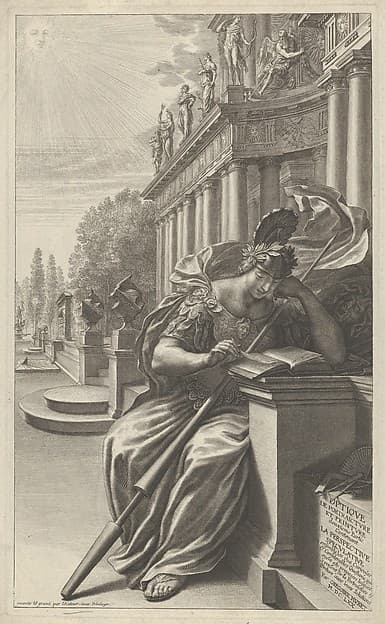 Title of the secont part of Optique de Portraiture et peinture [...]: "La Déesee des Arts lisant avec attention le traité d'optiqe de Grégoire Huret [...], by Grégoire Huret