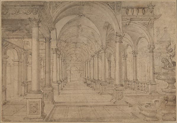 Architectural Capriccio with an Arcade and Fountain in Point Perspective [Study for a Painting of John the Baptist before Herod], by Hans Vredeman de Vries