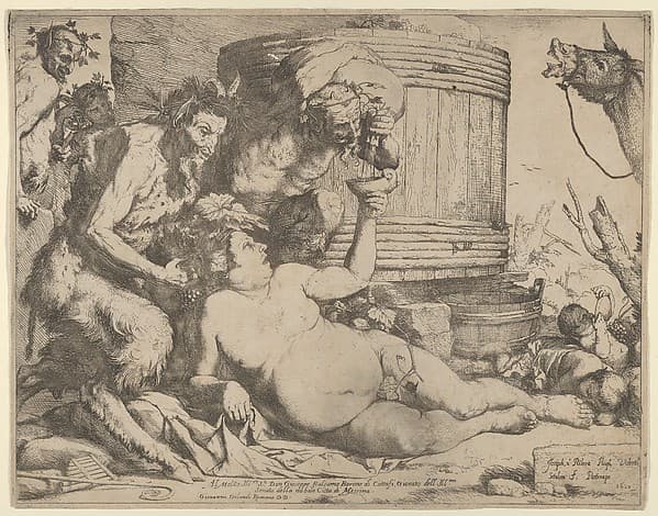 The Drunken Silenus holding a cup aloft into which a Satyr pours wine, by Jusepe de Ribera (called Lo Spagnoletto)