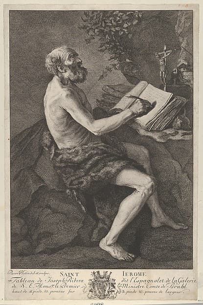 Saint Jerome in the Wilderness, seated, writing and meditating on a crucifix, by Pierre Hutin