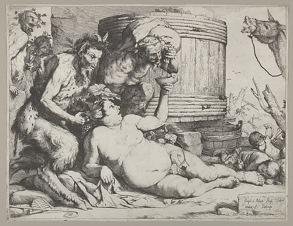 Drunken Silenus holding a cup aloft into which a Satyr pours wine, by Jusepe de Ribera (called Lo Spagnoletto)