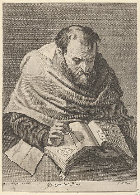 A mathematician seated at a table, working on mathematical equations, plate 34 from a portfolio of prints of the Imperial Gallery of Paintings in Vienna, by Anton Joseph von Prenner