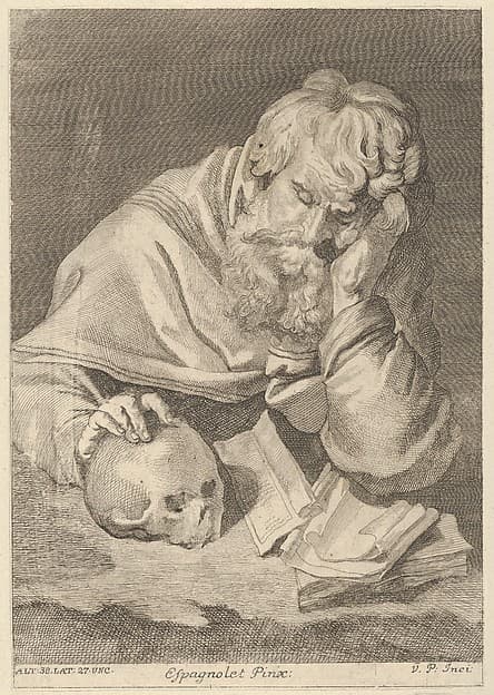 A saint seated at a table with his right hand resting on a skull, plate 33 from a portfolio of reproductions of the Imperial Gallery of Paintings in Vienna, by Anton Joseph von Prenner