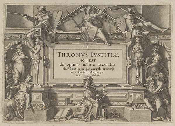 Title Page Set in an Architectural Frame with Allegorical figures and Christ, from "Thronus Justitiae, tredecim pulcherrimus tabulis...", by Willem van Swanenburg