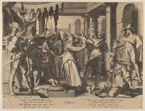 Judgment of Solomon, plate 2 from "Thronus Justitiae, tredecim pulcherrimus tabulis...", by Willem van Swanenburg