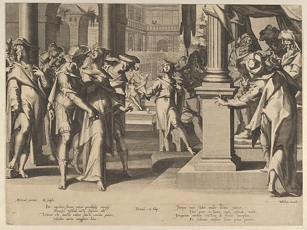 Susanna before Daniel, plate 3 from "Thronus Justitiae, tredecim pulcherrimus tabulis...", by Willem van Swanenburg