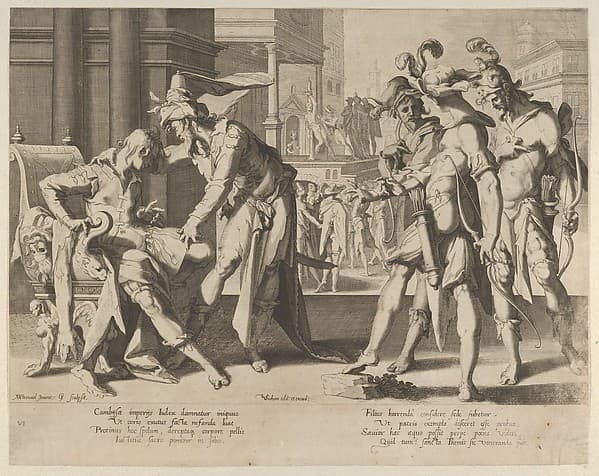 Cambyses Commanding the Flaying of the Judge Sisamnes, plate 6 from "Thronus Justitiae, tredecim pulcherrimus tabulis...", by Willem van Swanenburg