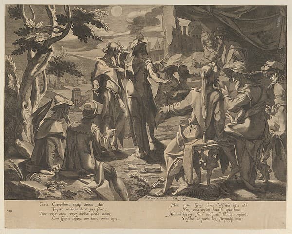 A Moonlit scene depicting the Areopagite judged of Athens, plate 8 from "Thronus Justitiae, tredecim pulcherrimus tabulis...", by Willem van Swanenburg