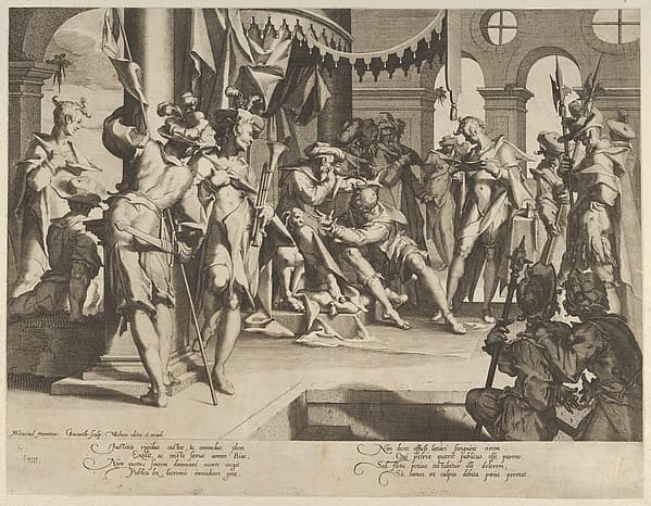 The Judge Bias Shedding Tears, plate 9 from "Thronus Justitiae, tredecim pulcherrimus tabulis...", by Willem van Swanenburg