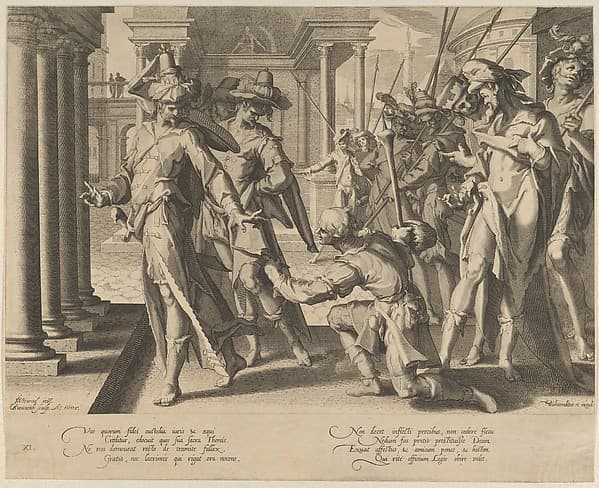 Allegory of Justice depicting a street scene with a shepherd giving a sheet of paper to a judge at left, who rejects it, plate 11 from "Thronus Justitiae, tredecim pulcherrimus tabulis...", by Willem van Swanenburg