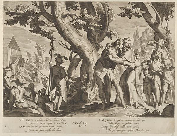 The Meeting of Moses and Jethro, plate 1 from "Thronus Justitiae, tredecim pulcherrimus tabulis...", by Willem van Swanenburg