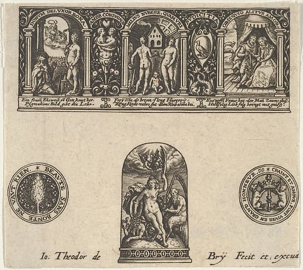 Horizontal Panel with a Thimble Design Below a Frieze with Three Scenes in Arches, by Johann Theodor de Bry