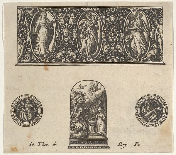 Horizontal Panel with Design for a Thimble with the Annuciation Below a Frieze with Three Figures in Ovals, by Johann Theodor de Bry