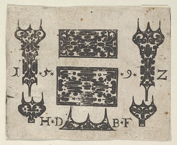 Blackwork Print with Two Horizontal Panels and Five Small Motifs, by Hans de Bull