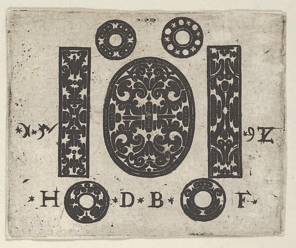 Blackwork Print with Two Vertical Panels Flanking an Oval at Center with Four Small Circles, by Hans de Bull