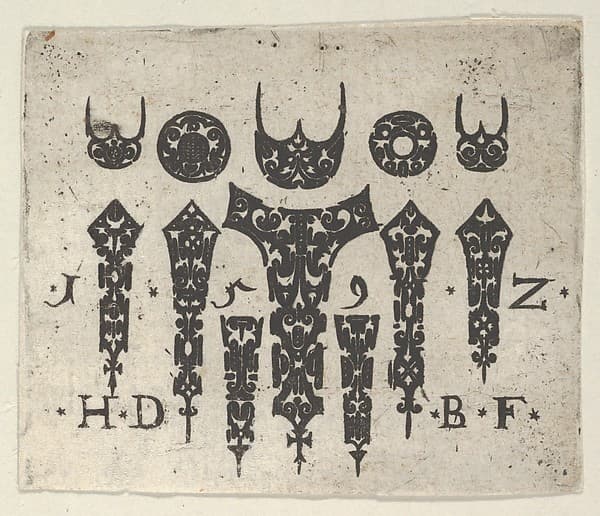 Blackwork Print with a Row of Seven Vertical Fillets Below a Row of Three-Pronged Motifs and Circles, by Hans de Bull