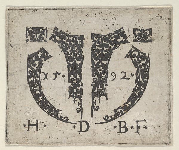 Blackwork Print with Two Small Horizontal Panels Above a Pair of Lunar-Shaped Fillets with Two Motifs at Center, by Hans de Bull