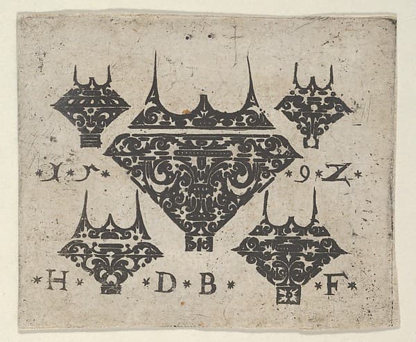 Blackwork Print with a Large Bezel Design at Center Surrounded by Four Smaller Fillets, by Hans de Bull