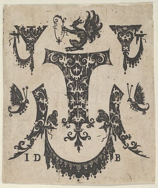 Blackwork Print with Five Ornament Motifs, a Pair of Butterflies and a Grotesque, by Hans de Bull