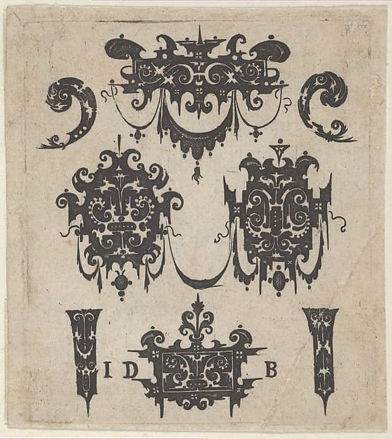 Blackwork Print with Four Shweifwerk Motifs Decorated with Swag Combined with Four Small Fillets, by Hans de Bull