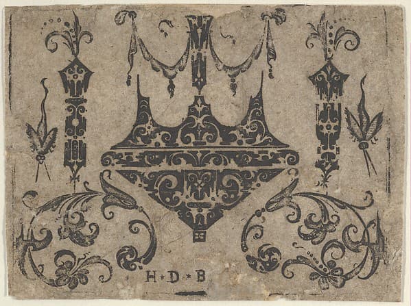 Blackwork Print with Four Ring Bezel Combined with C-Scrolls and Insects, by Hans de Bull