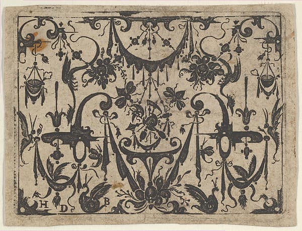 Blackwork Print with a Trophy at Center Surrounded by Grotesques and Swag Drapery, by Hans de Bull