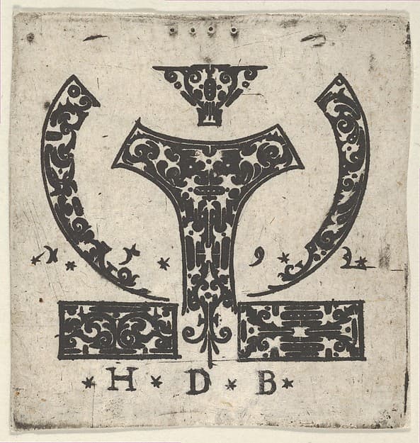 Blackwork Print with Two Horizontal Panels Below a Pair of Lunar-Shaped Fillets with Two Motifs at Center, by Hans de Bull