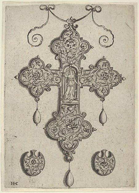 Cross-Shaped Pendant Design with Hope Standing in a Circular Temple, by Jan Collaert I