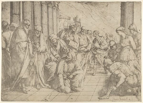 Christ kneels and writes on the pavement at center and a woman taken in adultery by three soldiers at right, by Luca Giordano