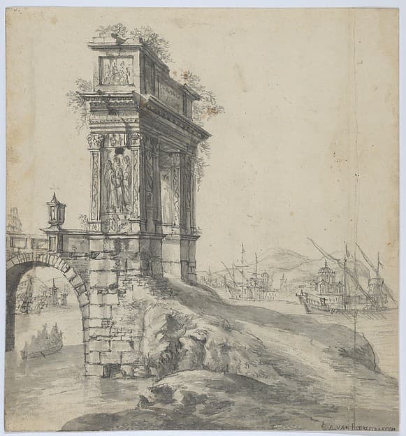 Capriccio of a Bridge with the Arcus Argentariorum by a Mediterranean Harbor, by Johannes Abrahamsz Beerstraten