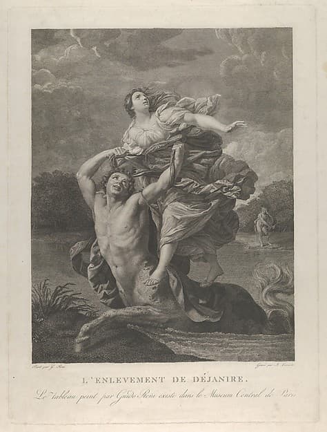 Dejanira being abducted by the centaur Nessos, a man with bow and arrow at right, after Reni, by A. Lovison