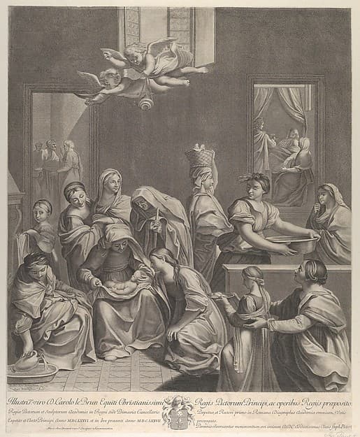 The birth of the Virgin; woman seated with an infant in her lap, numerous women surrounding her, angels above, after Reni, by Etienne Picart