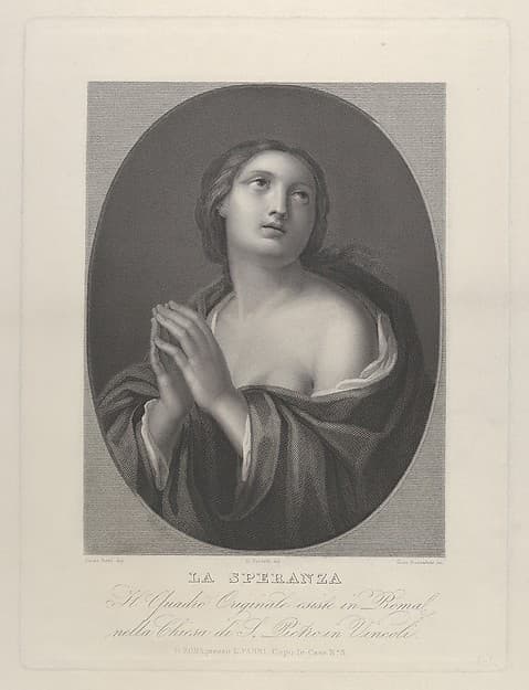 Female personification of Hope looking up with hands held together and left shoulder exposed, in an oval frame, after Reni, by Giovanni Buonafede