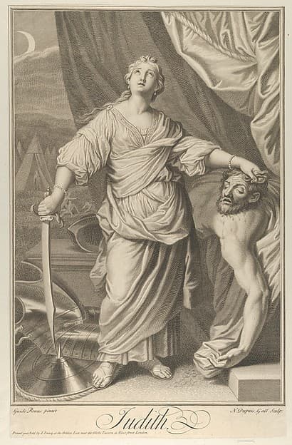 Judith standing and looking up, holding the head of Holofernes in her left hand and a sword in her right, tents in the background, after Reni, by Nicolas Gabriel Dupuis