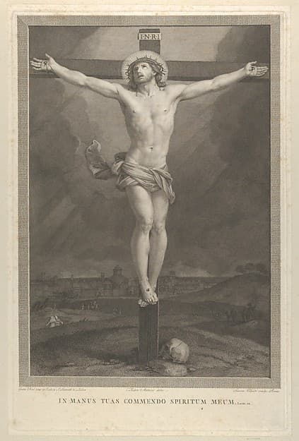 Christ crucified on the cross, a skull at the base, buildings in the background, after Reni, by Giovanni Volpato
