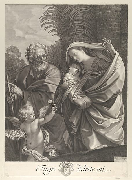 The Flight into Egypt; the Holy Family walking together, Saint Joseph pointing to the left and the Virgin carrying the infant Christ, an angel in front of her offering a flower, after Reni, by Francois de Poilly