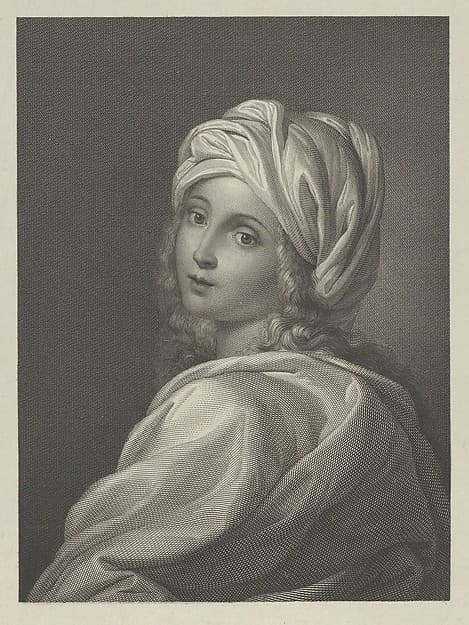 Portrait of Beatrice Cenci in bust-length, turning to face outwards with a cloth wrapped around her head, after Reni, by Giovita Garavaglia