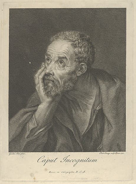 An old bearded man resting his head on his right hand and looking upwards to the left, after Reni, by Domenico Cunego