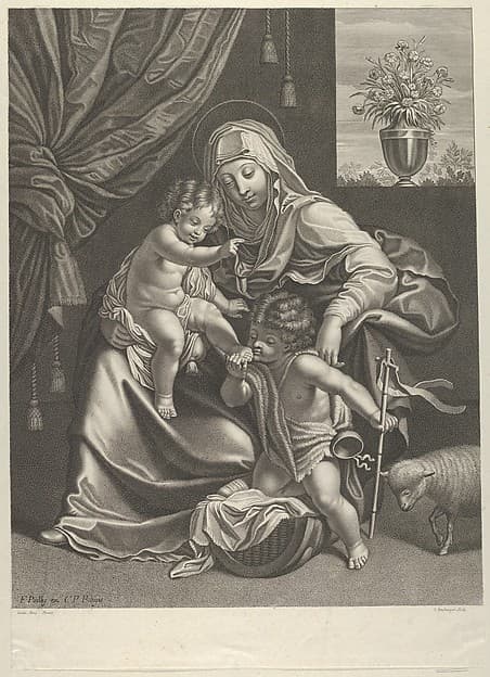The Virgin seated with the infant Christ on her lap, the young Saint John the Baptist kneeling on Christ's cradle and kissing his foot, a lamb at right, after Reni, by Jean Boulanger