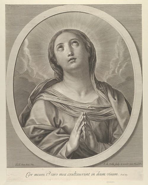 The Virgin in prayer, looking up with clouds behind her, in an oval frame, after Reni, by Francois de Poilly